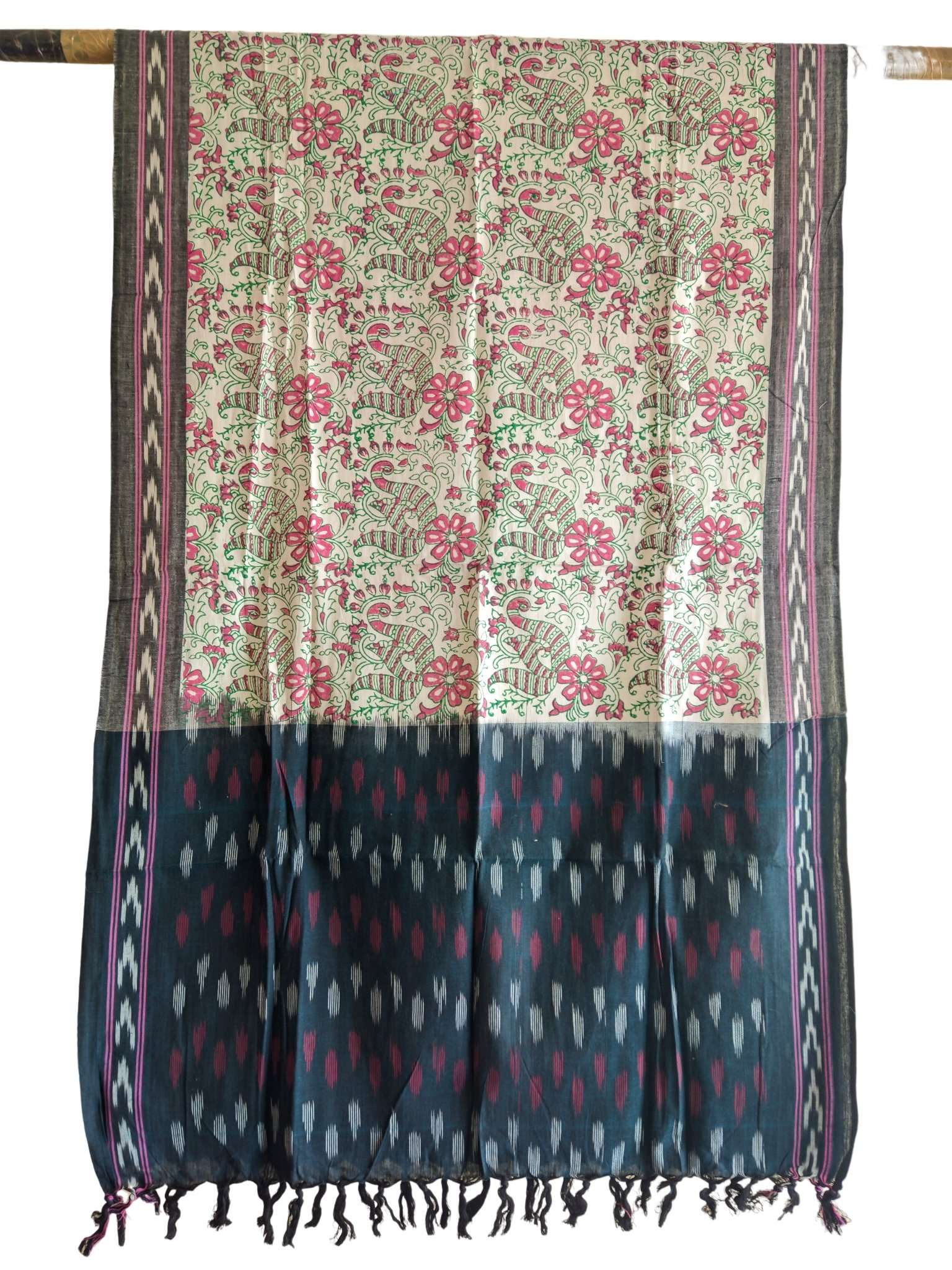 2024/06/1000415282.jpg IKAT HANDLOOM COTTON DUPPATA WITH BLOCK PRINT 2.5 MEERS - Image 1