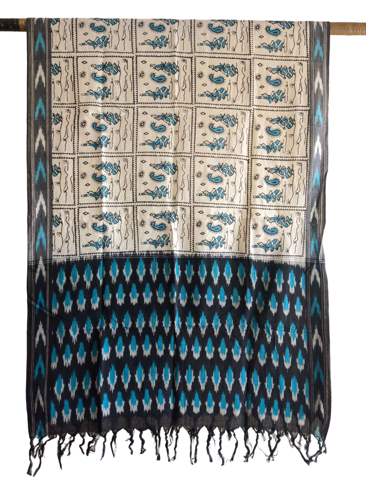 2024/06/1000415283.jpg IKAT HANDLOOM COTTON DUPPATA WITH BLOCK PRINT 2.5 MEERS Copy - Image 1