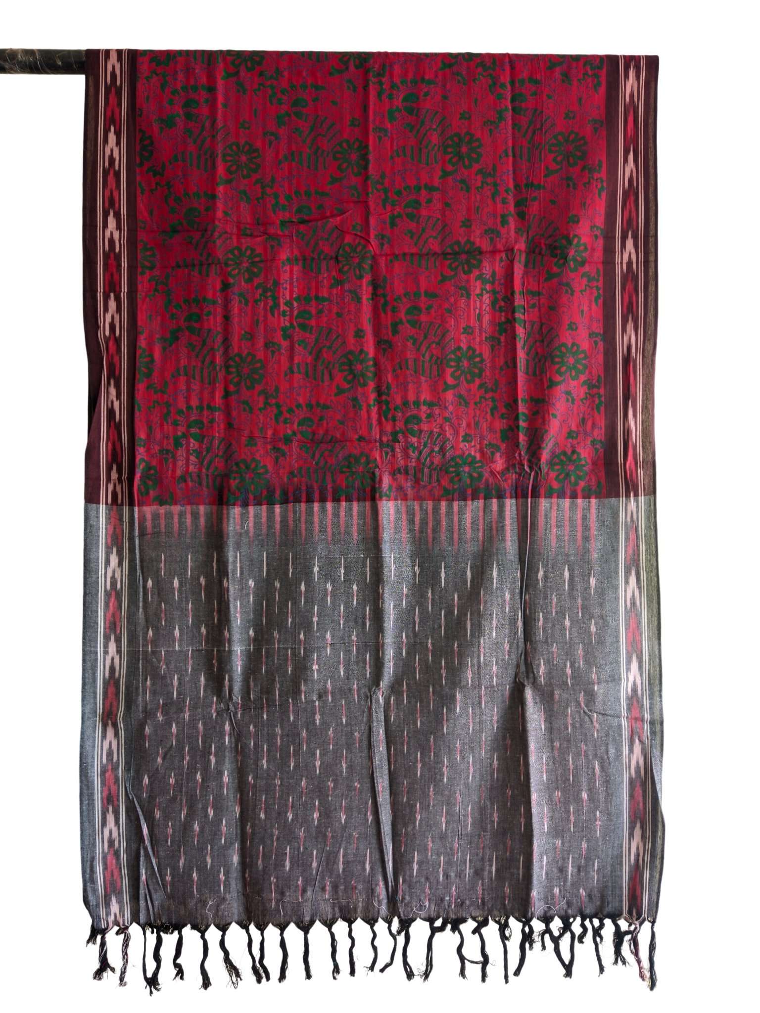 2024/06/1000415284.jpg IKAT HANDLOOM COTTON DUPPATA WITH BLOCK PRINT 2.5 MEERS - Image 1