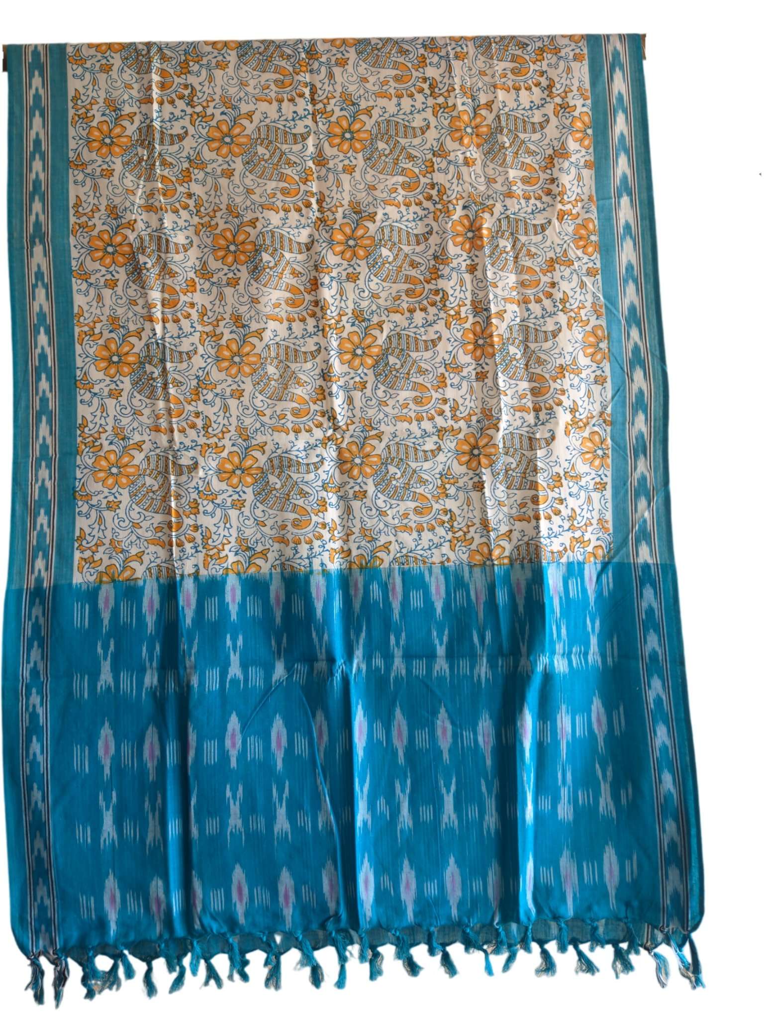 2024/06/1000415295.jpg IKAT HANDLOOM COTTON DUPPATA WITH BLOCK PRINT 2.5 MEERS - Image 1