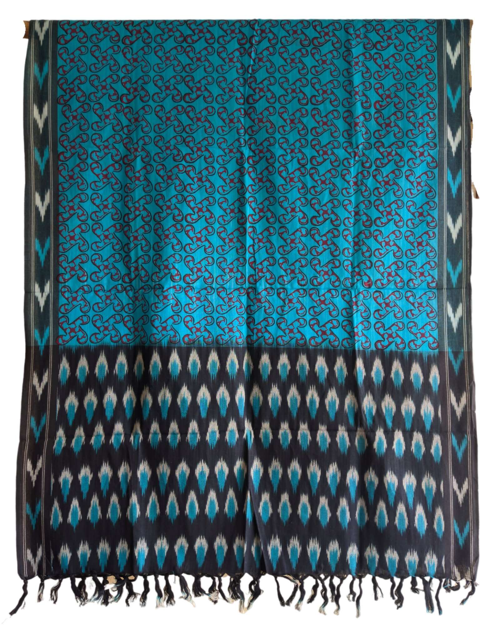 2024/06/1000415337.jpg IKAT HANDLOOM COTTON DUPPATA WITH BLOCK PRINT 2.5 MEERS - Image 1