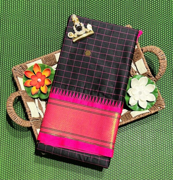 A luxurious Kanjivaram silk saree with intricate checks and butta designs in vibrant colors