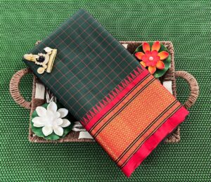 A luxurious Kanjivaram silk saree with intricate checks and butta designs in vibrant colors