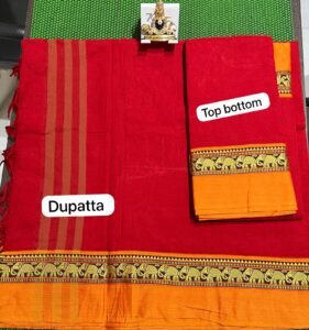 A beautiful Narayanpet half saree with intricate weaving patterns and vibrant colors.