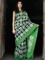 Theliya Rumal Saree in green & Black – Handwoven Double Ikat Cotton Saree with Blouse, 6.2 Meters