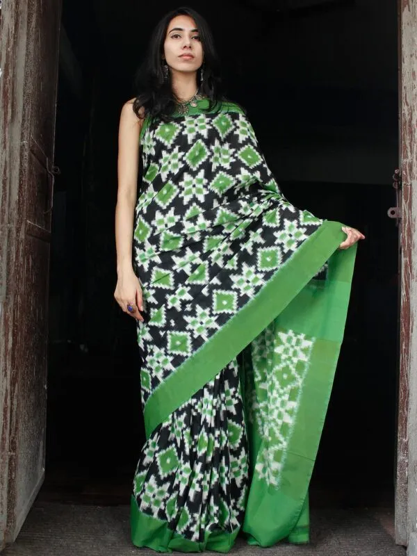 Theliya Rumal Saree in green & Black – Handwoven Double Ikat Cotton Saree with Blouse, 6.2 Meters