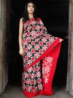Theliya Rumal Saree in Red & Black – Handwoven Double Ikat Cotton Saree with Blouse, 6.2 Meters