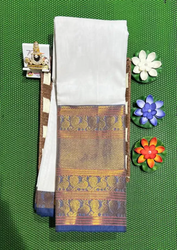 A white Narayanpet sarees with a wide, golden border featuring intricate geometric and floral motifs, and a blue inner border.
