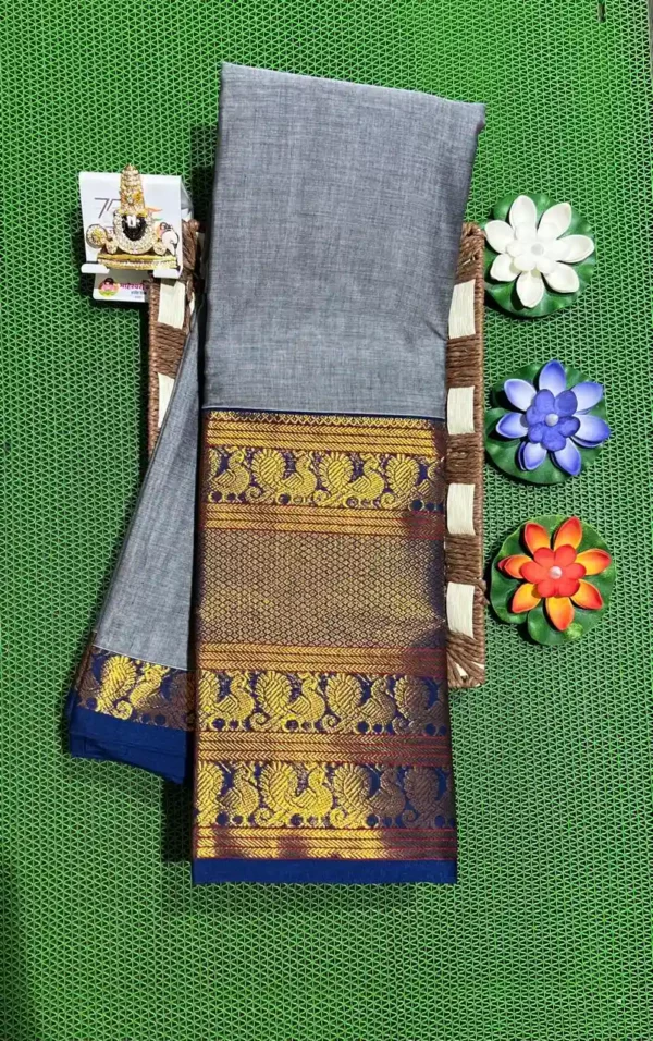 Traditional narayanpet sarees featuring a grey base, blue and gold zari, and peacock motifs.