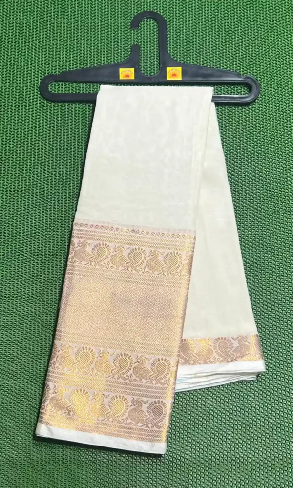A Narayanpet sarees with a golden zari border featuring intricate floral and bird motifs.