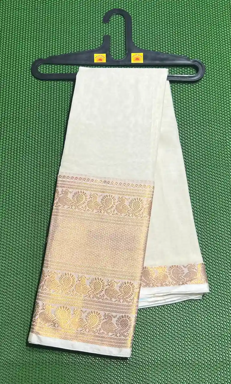 Elegant White Cotton Saree with Zari Border A Narayanpet sarees with a golden zari border featuring intricate floral and bird motifs.