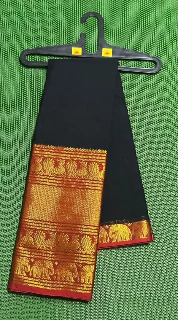 narayanpet sarees Black and red and gold border, featuring intricate elephant motifs.