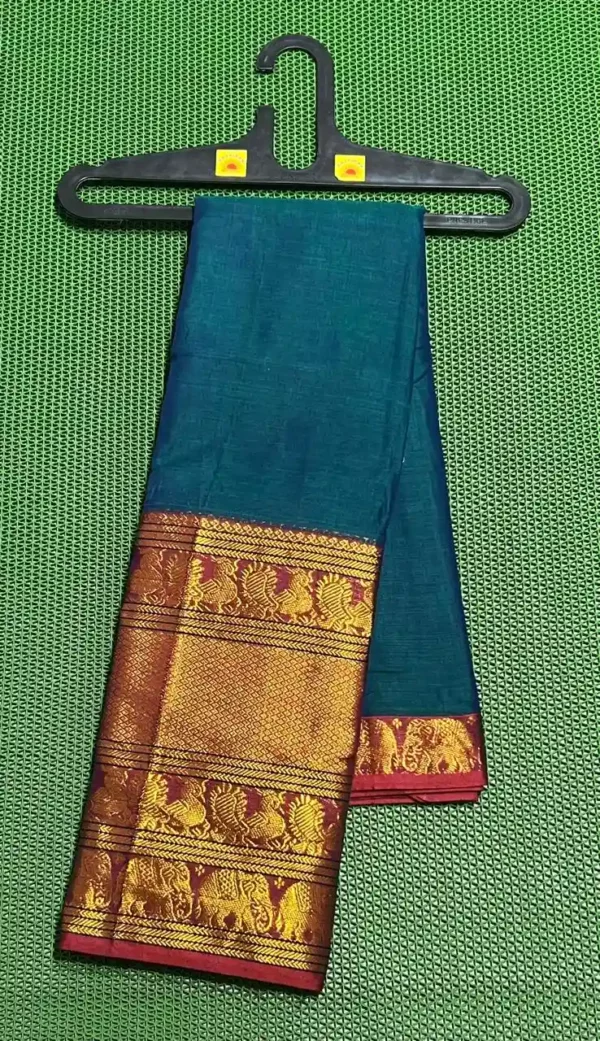 Handwoven Narayanpet sarees featuring a teal base, a red and gold border, and exquisite animal designs.