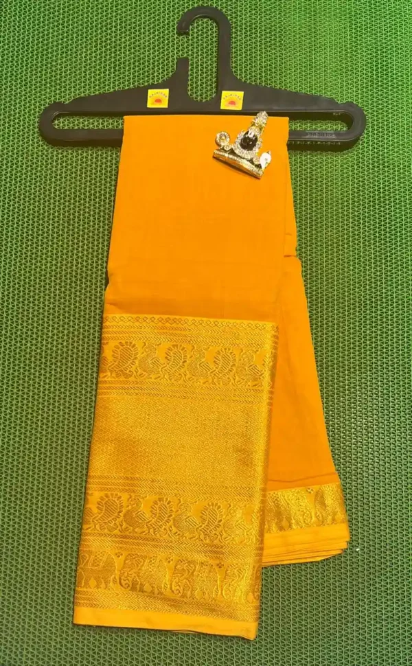 Vibrant yellow narayanpet sarees with a contrasting green border and intricate gold zari motifs.