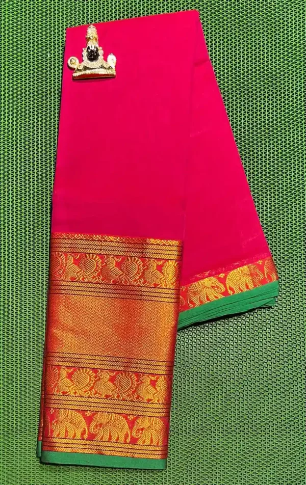 Narayanpet cotton saree in pink with a green border and gold elephant motifs