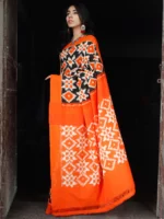 Theliya Rumal Saree in orange & amp; Black – Handwoven Double Ikat Cotton Saree with Blouse, 6.2 Meters - Image 2