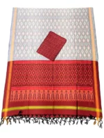 Pochampally Ikat COTTON silk suit with intricate handloom weaving patterns, showcasing traditional geometric designs, bordered with rich detailing.