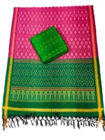 Pochampally Ikat COTTON silk suit with intricate handloom weaving patterns, showcasing traditional geometric designs, bordered with rich detailing.