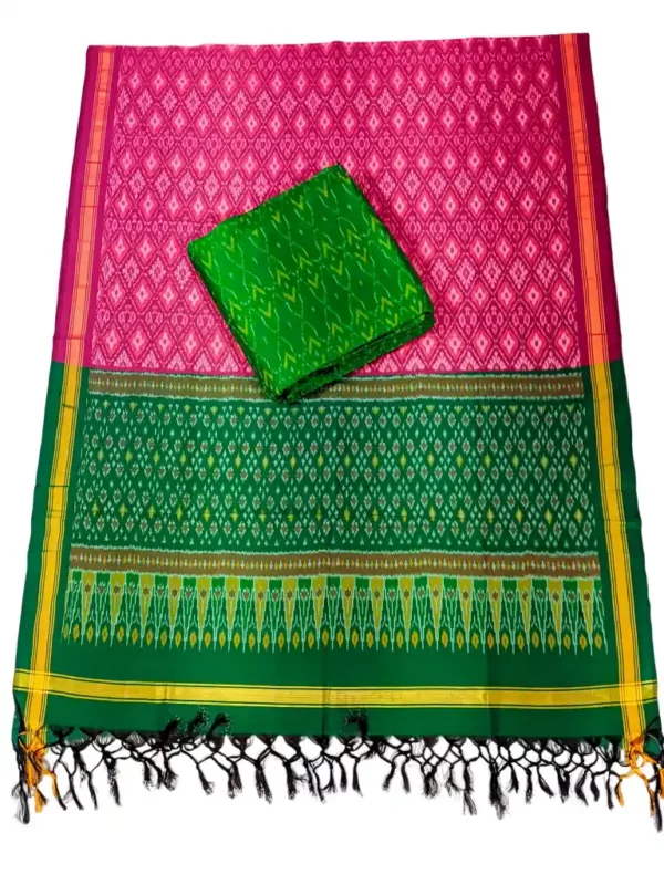 Pochampally Ikat COTTON silk suit with intricate handloom weaving patterns, showcasing traditional geometric designs, bordered with rich detailing.