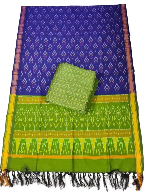 Pochampally Ikat COTTON silk suit with intricate handloom weaving patterns, showcasing traditional geometric designs, bordered with rich detailing.