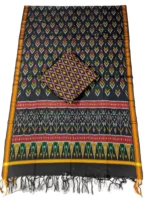 Pochampally Ikat cotton silk suit with intricate handloom weaving patterns, showcasing traditional geometric designs, bordered with rich detailing.