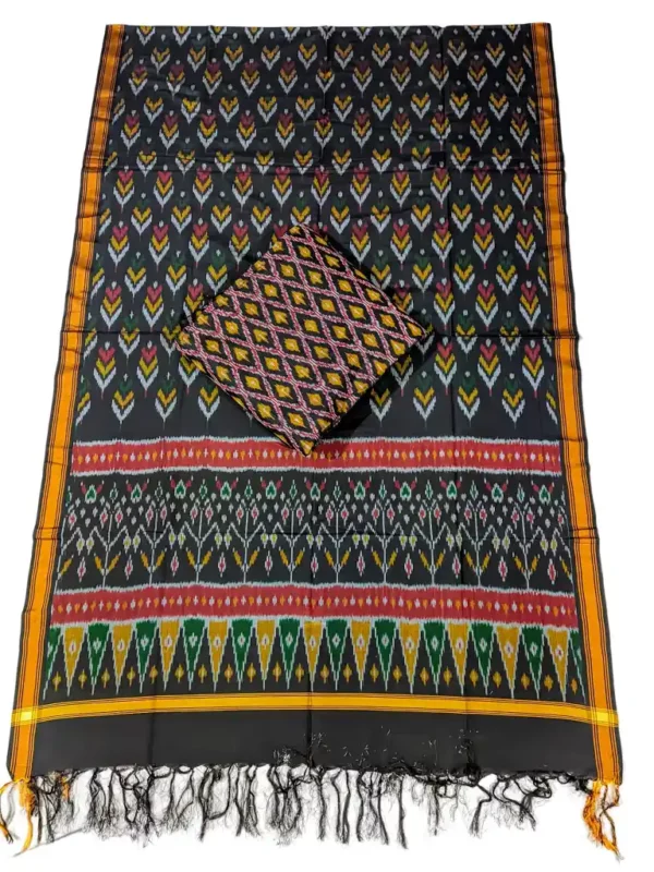 38 Pochampally Ikat cotton silk suit with intricate handloom weaving patterns, showcasing traditional geometric designs, bordered with rich detailing.