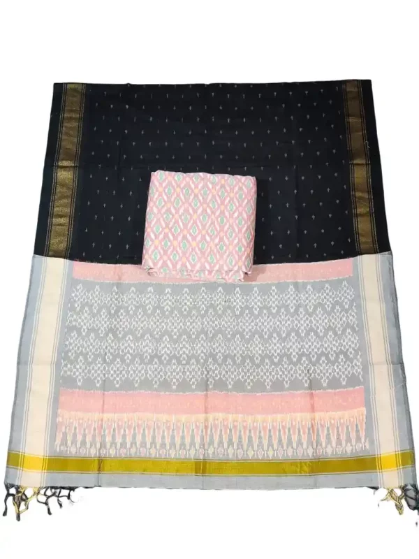 Pochampally Ikat COTTON silk suit with intricate handloom weaving patterns, showcasing traditional geometric designs, bordered with rich detailing.