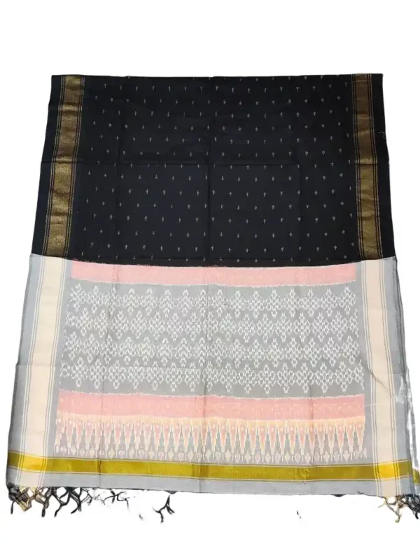 Pochampally Ikat COTTON silk suit with intricate handloom weaving patterns, showcasing traditional geometric designs, bordered with rich detailing.