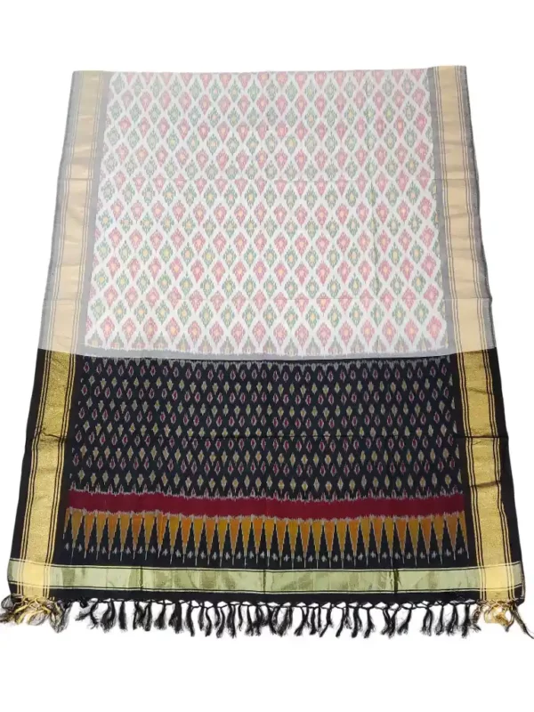 Pochampally Ikat COTTON silk suit with intricate handloom weaving patterns, showcasing traditional geometric designs, bordered with rich detailing.