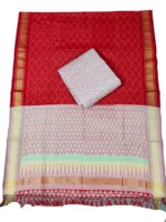 Pochampally Ikat COTTON silk suit with intricate handloom weaving patterns, showcasing traditional geometric designs, bordered with rich detailing.