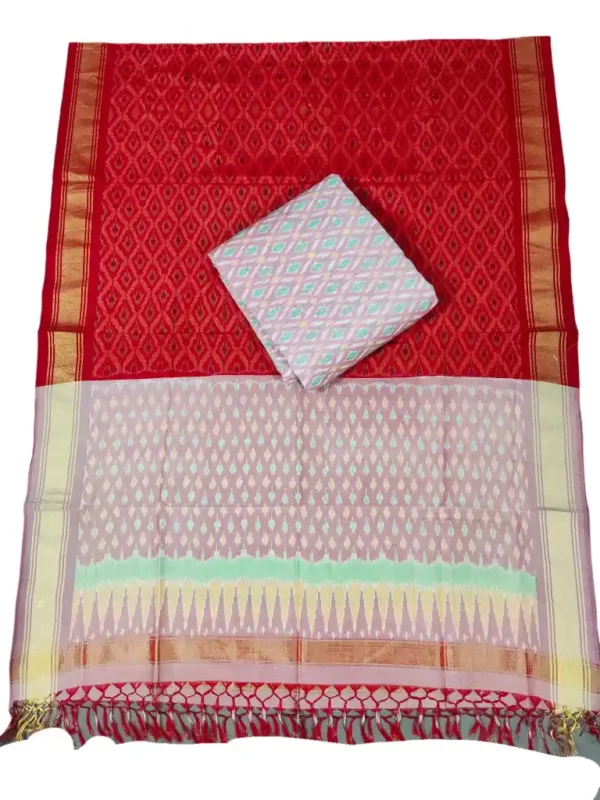 Pochampally Ikat COTTON silk suit with intricate handloom weaving patterns, showcasing traditional geometric designs, bordered with rich detailing.