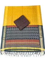 Pochampally Ikat COTTON silk suit with intricate handloom weaving patterns, showcasing traditional geometric designs, bordered with rich detailing.