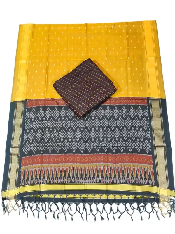 Pochampally Ikat COTTON silk suit with intricate handloom weaving patterns, showcasing traditional geometric designs, bordered with rich detailing.