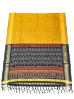 Pochampally Ikat COTTON silk suit with intricate handloom weaving patterns, showcasing traditional geometric designs, bordered with rich detailing.
