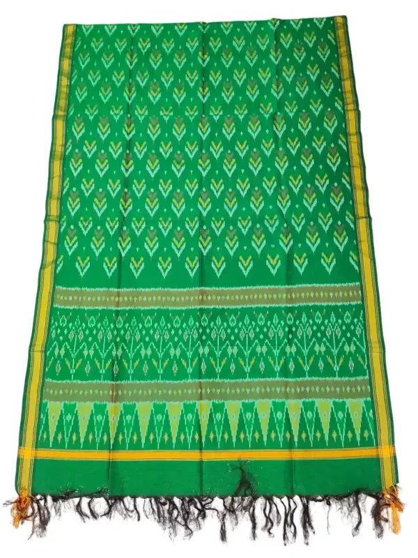 Pochampally Ikat COTTON silk suit with intricate handloom weaving patterns, showcasing traditional geometric designs, bordered with rich detailing.