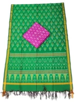 Pochampally Ikat COTTON silk suit with intricate handloom weaving patterns, showcasing traditional geometric designs, bordered with rich detailing.