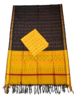 Pochampally Ikat COTTON silk suit with intricate handloom weaving patterns, showcasing traditional geometric designs, bordered with rich detailing.