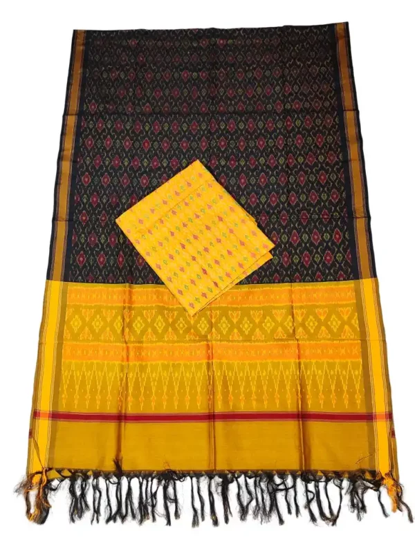 Pochampally Ikat COTTON silk suit with intricate handloom weaving patterns, showcasing traditional geometric designs, bordered with rich detailing.
