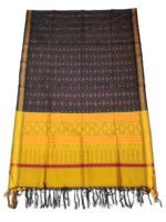 Pochampally Ikat COTTON silk suit with intricate handloom weaving patterns, showcasing traditional geometric designs, bordered with rich detailing.
