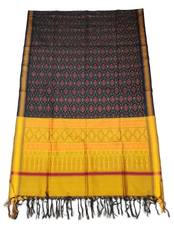 Pochampally Ikat COTTON silk suit with intricate handloom weaving patterns, showcasing traditional geometric designs, bordered with rich detailing.