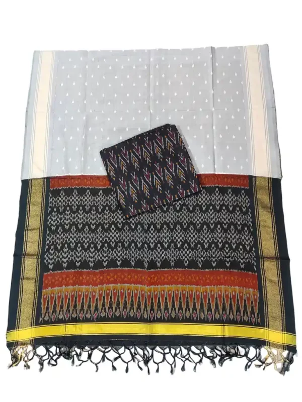 Pochampally Ikat COTTON silk suit with intricate handloom weaving patterns, showcasing traditional geometric designs, bordered with rich detailing.