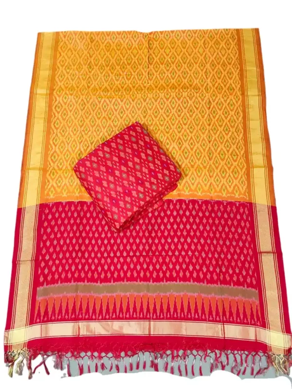 Pochampally Ikat COTTON silk suit with intricate handloom weaving patterns, showcasing traditional geometric designs, bordered with rich detailing.