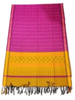 Pochampally Ikat COTTON silk suit with intricate handloom weaving patterns, showcasing traditional geometric designs, bordered with rich detailing.