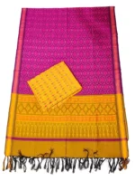 Pochampally Ikat COTTON silk suit with intricate handloom weaving patterns, showcasing traditional geometric designs, bordered with rich detailing.