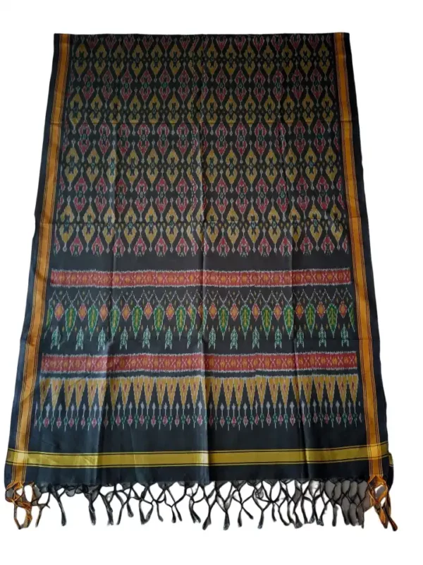 "Elegant Pochampally silk dupatta with traditional ikat pattern in vibrant colors, made from cotton silk fabric"