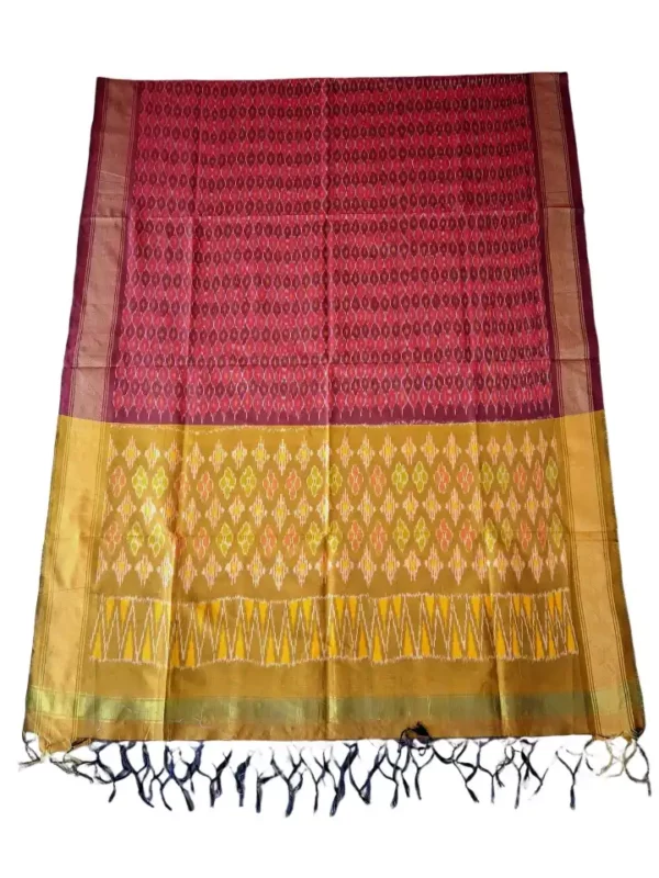 "Elegant Pochampally silk dupatta with traditional ikat pattern in vibrant colors, made from cotton silk fabric"