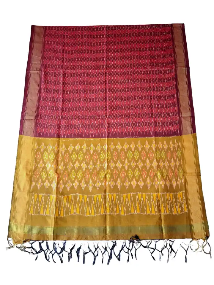 1727761993192 "Elegant Pochampally silk dupatta with traditional ikat pattern in vibrant colors, made from cotton silk fabric"
