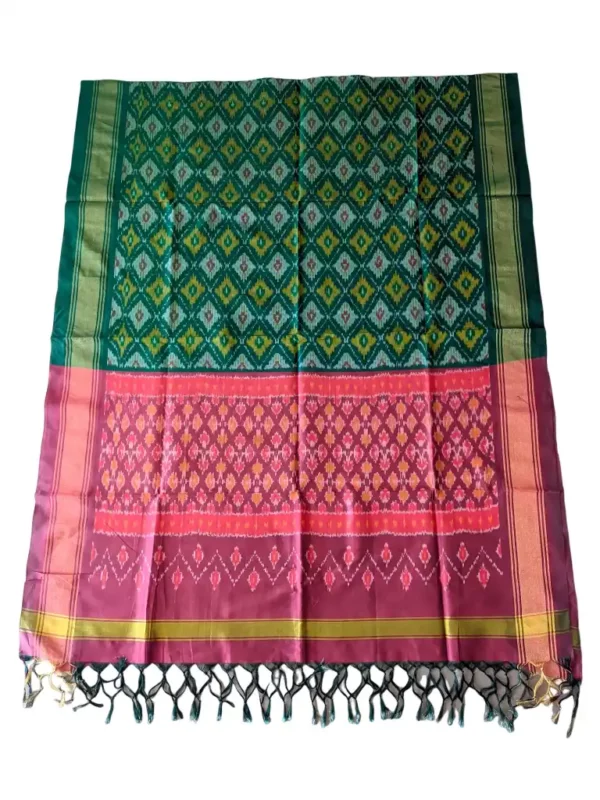"Elegant Pochampally silk dupatta with traditional ikat pattern in vibrant colors, made from cotton silk fabric"