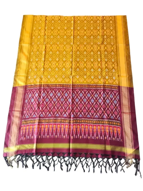 "Elegant Pochampally silk dupatta with traditional ikat pattern in vibrant colors, made from cotton silk fabric"