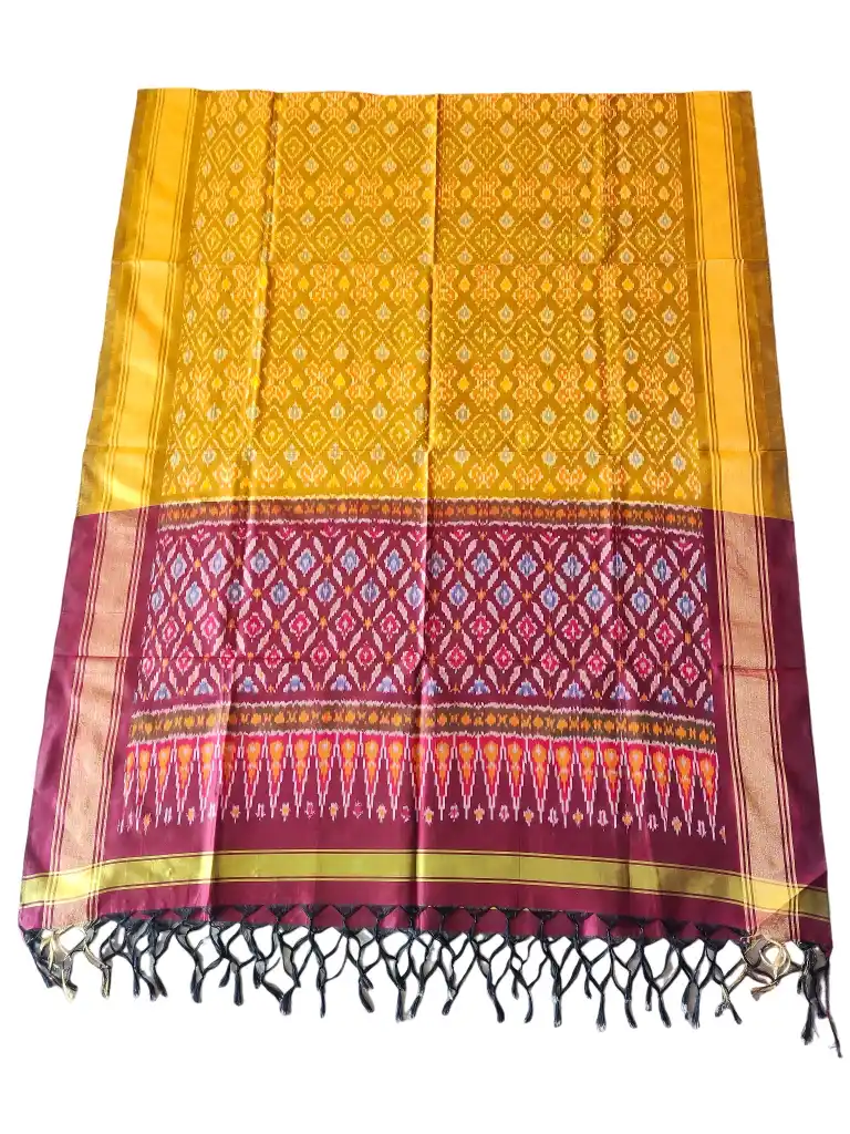 1727761993313 "Elegant Pochampally silk dupatta with traditional ikat pattern in vibrant colors, made from cotton silk fabric"